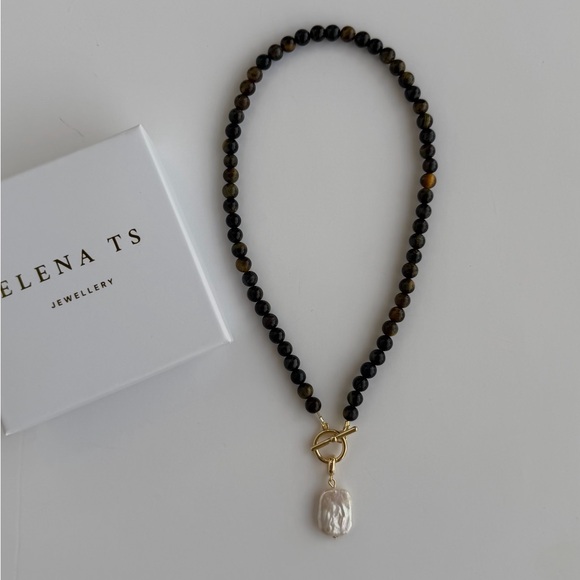 Helena Jewelry - 686 Tiger Eye Stone Necklace with Pearl Pendant